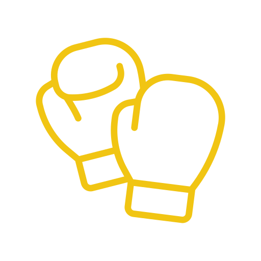 Outline illustration of a pair of yellow boxing gloves on a black background.