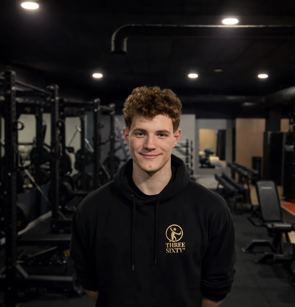 A young man with red curly hair is standing in a gym, smiling at the camera. He is wearing a black hoodie with a logo that says 'THREE SIXTY' and a stylized symbol. The gym background includes various exercise equipment and weight racks.