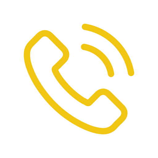 Yellow phone receiver icon with sound waves on black background.