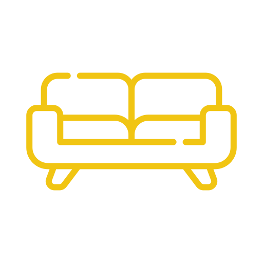 Minimalist illustration of a yellow sofa on a black background.
