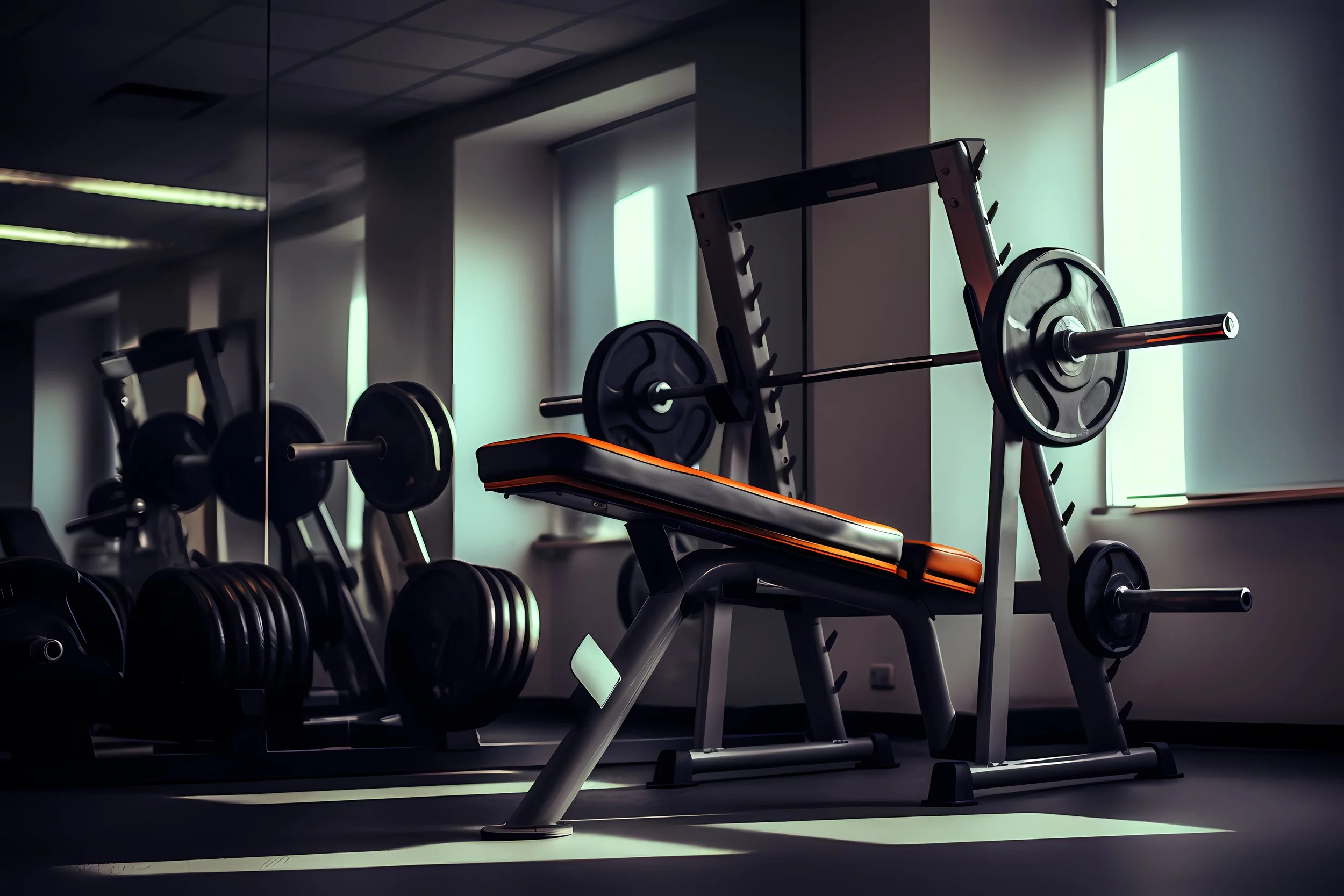 Gym with weightlifting equipment including a bench press, barbell, and mirrors reflecting weights and plates.