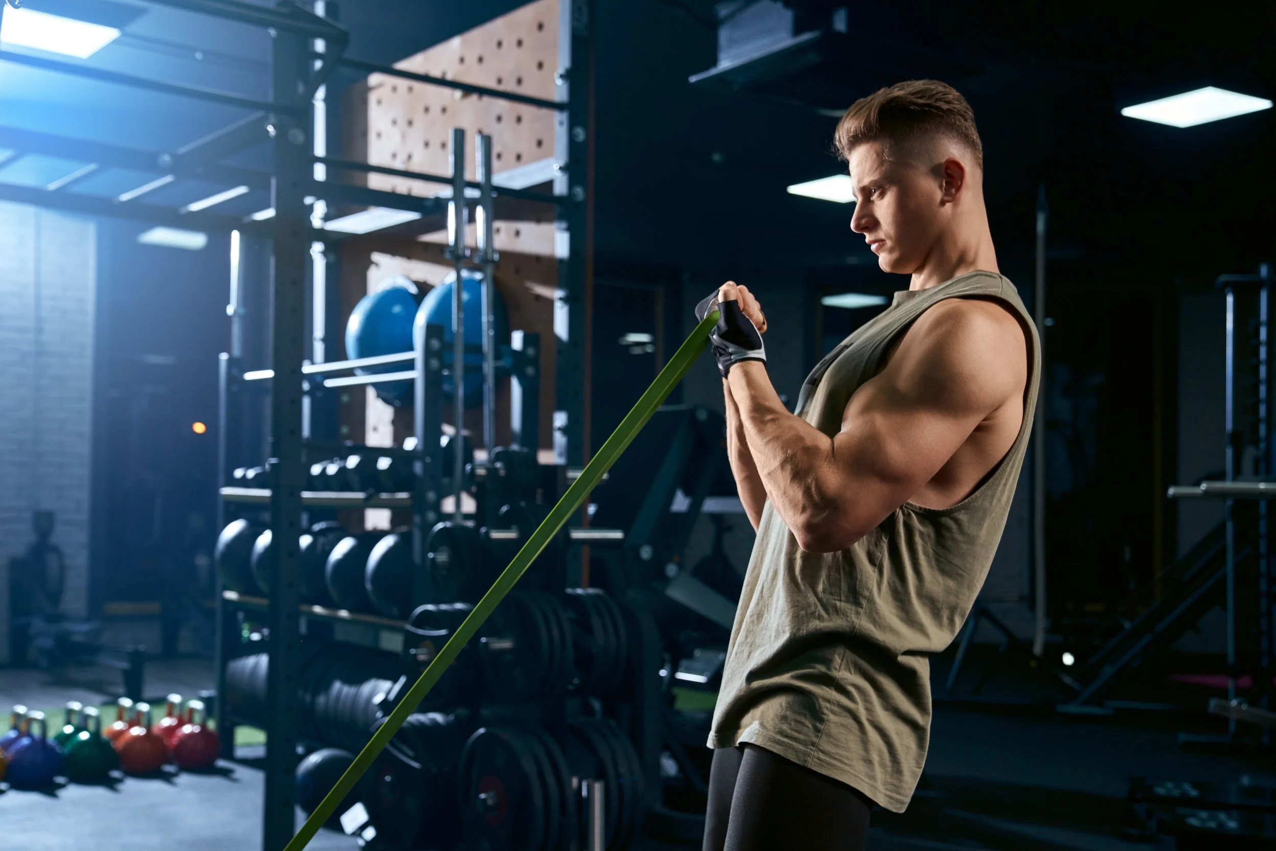 A muscular man with short brown hair wearing a sleeveless shirt and black workout gloves, standing in a gym, looking down at a resistance band or strap he is holding.