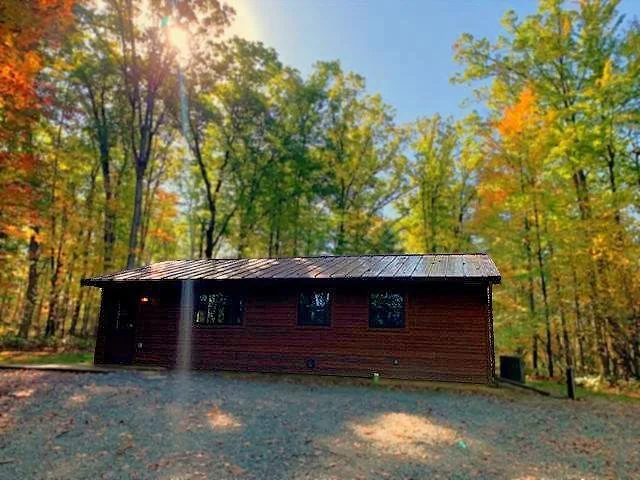 A wooden cabin in a forest surrounded by colorful autumn trees with sunlight filtering through.
