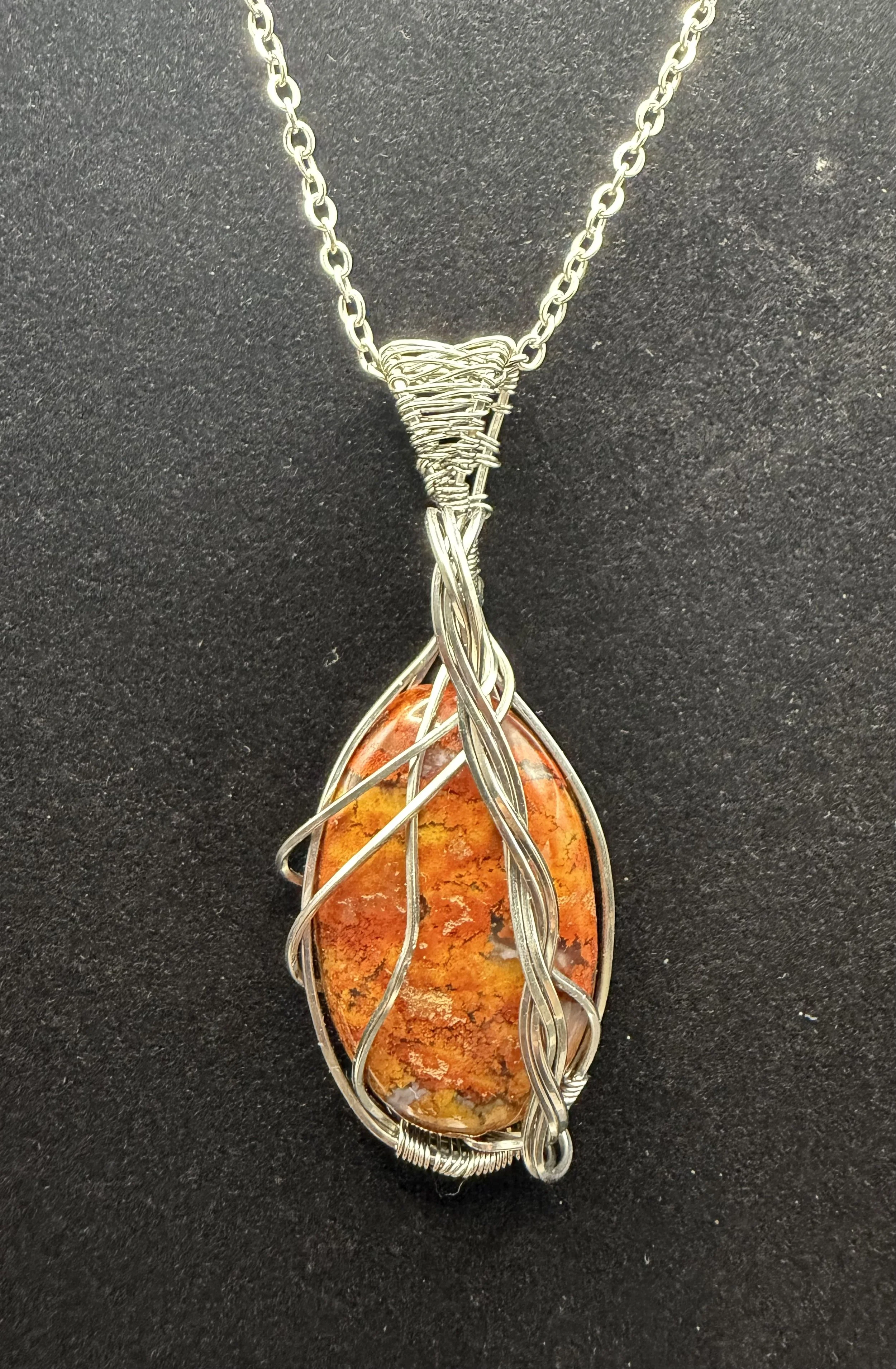 Brecciated Jasper Pendant with Stainless Steel Wire Wrap