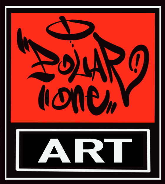 A graphic design featuring the words "Polar One" in black handwritten-style font on a red background. Below, there is a black rectangle with the word "ART" in white capitals.