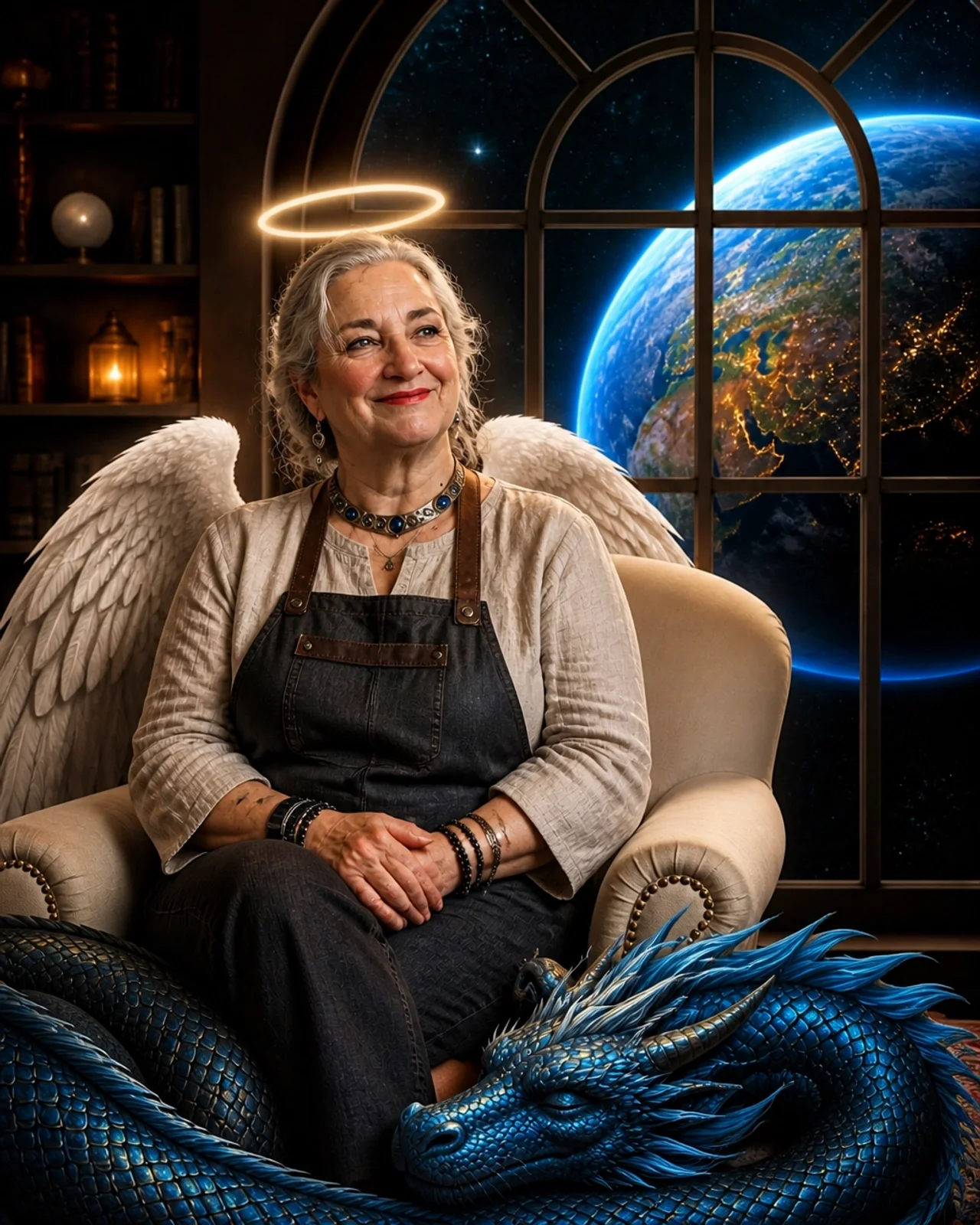 An elderly woman with angel wings and a glowing halo is sitting in a cozy room with a large window showing Earth from space. She is smiling and wearing jewelry, with a blue dragon near her feet.