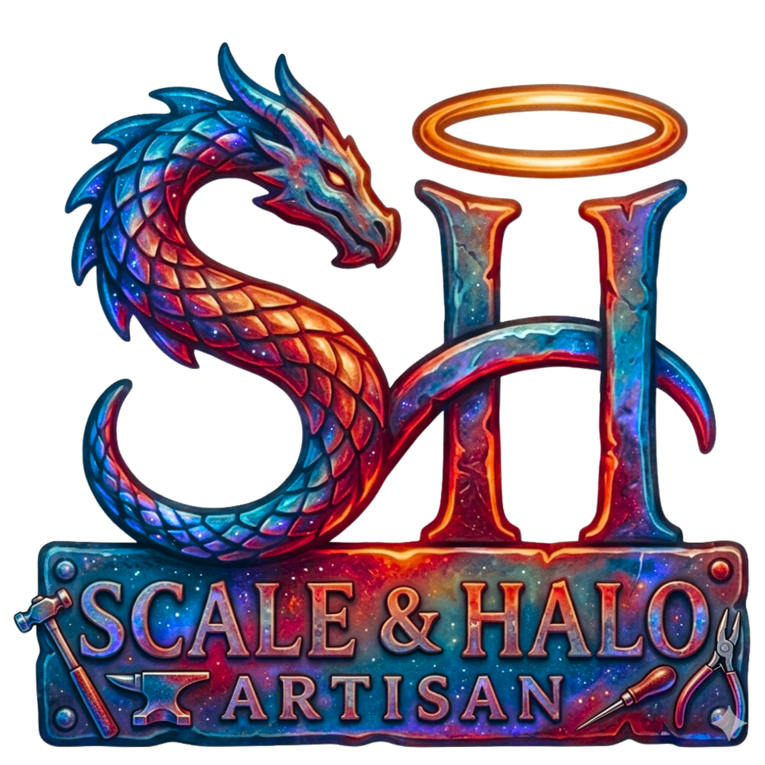 Colorful logo featuring a dragon's head with glowing eyes, a halo, and text reading 'Scape & Handcrafts Artisan' with decorative elements.