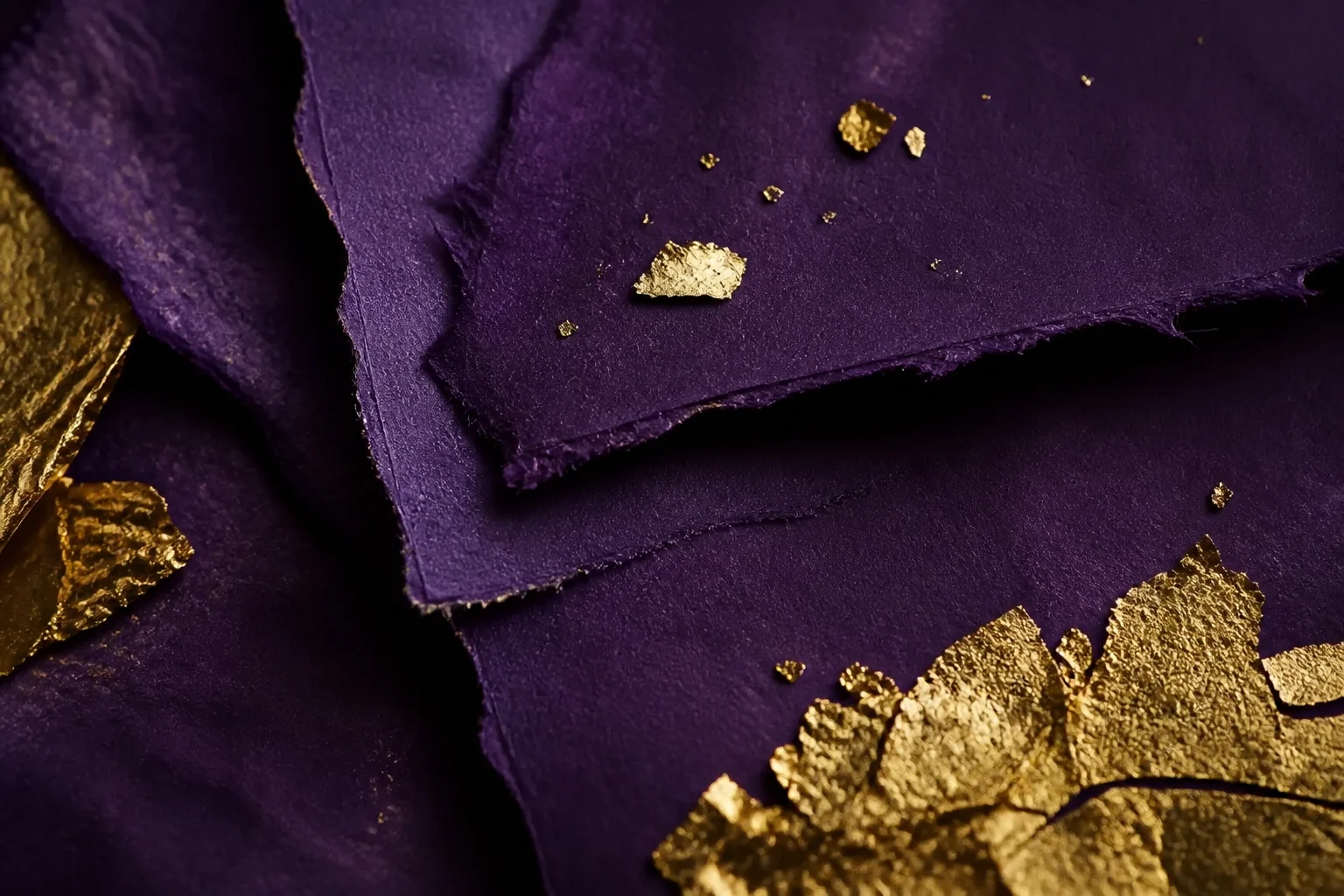 Raw, artistic materials like gold leaf and textured purple paper.