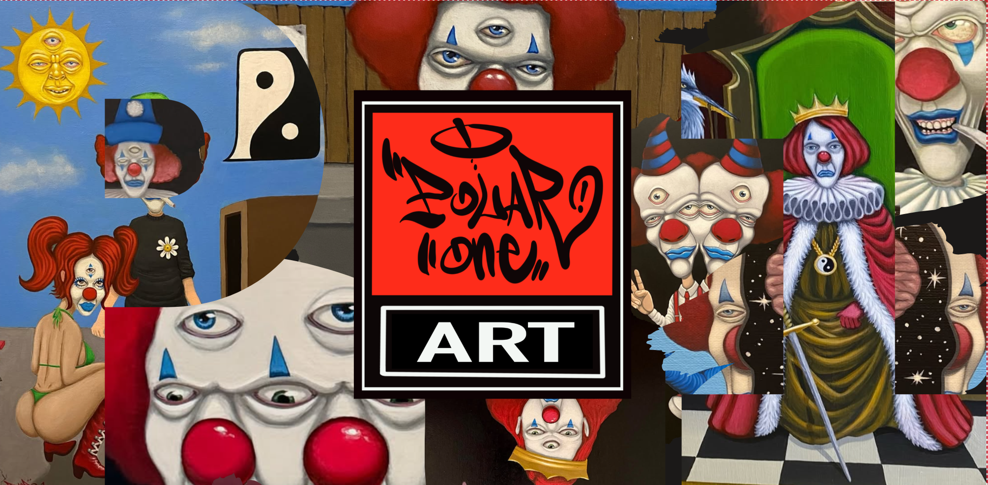 Collage of surreal clown and clown-like characters with multiple eyes, exaggerated features, and vivid colors, surrounding a central logo that reads 'ART' with stylized text.