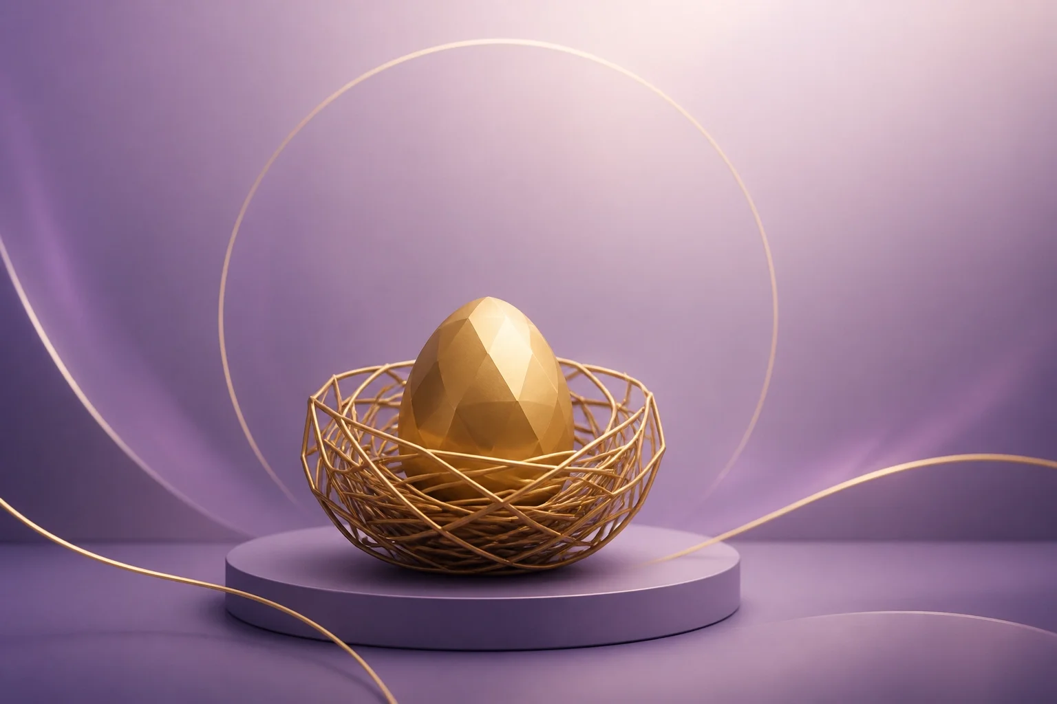 A symbolic golden geometric nest on a soft lavender gradient.