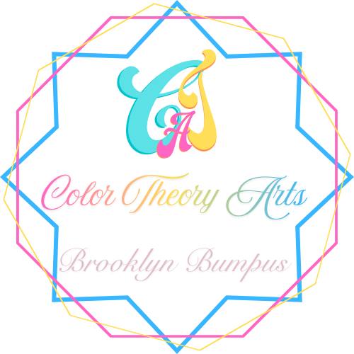 Graphic design with colorful lines forming a star-shaped border and abstract logo with the letters 'C' and 'A'. Text reads 'Color Theory Arts Brooklyn Bumpus' in colorful script on a black background.