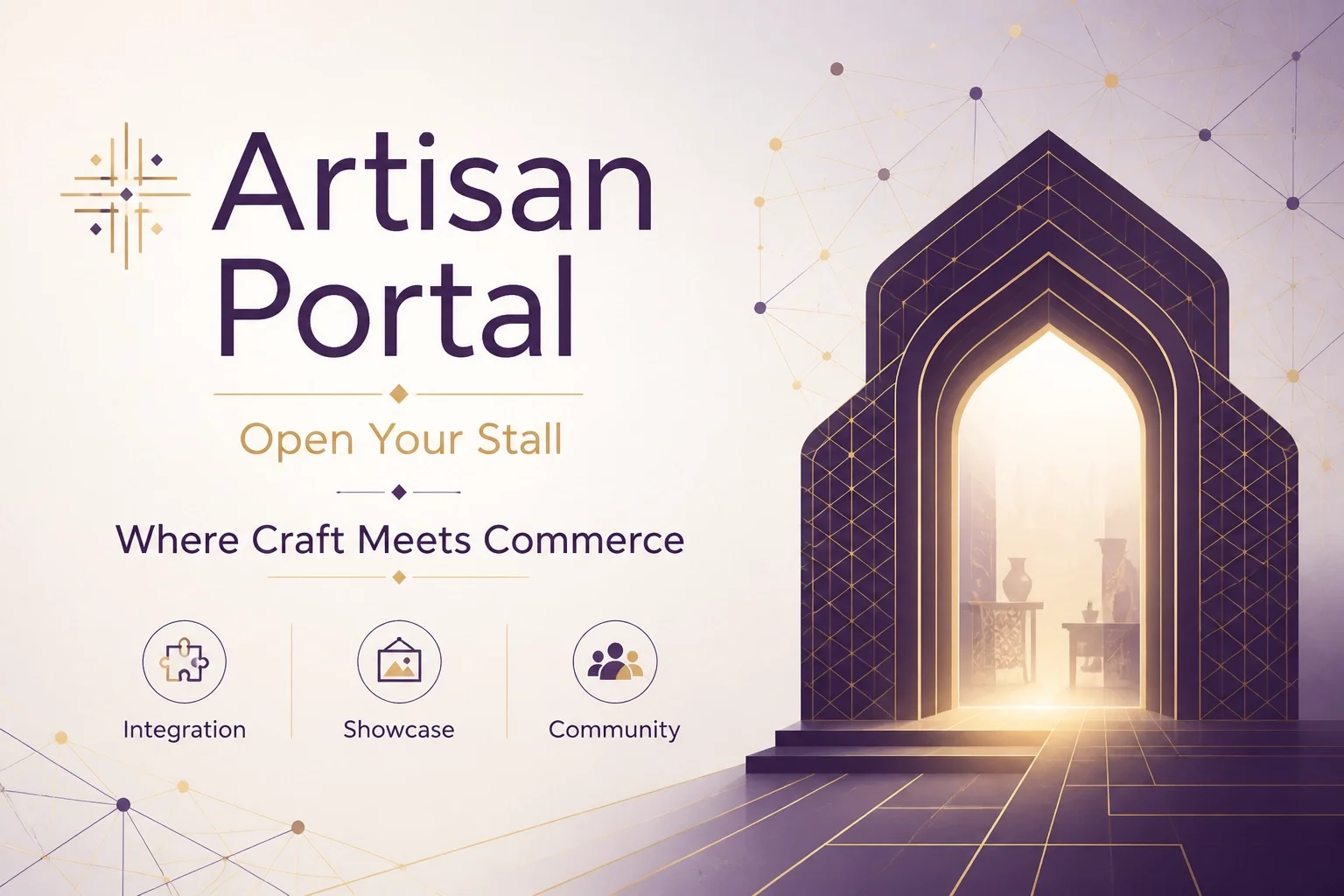 An elegant architectural portal design in purple and gold. The text reads "Artisan Portal" with the subtitle "Open Your Stall," catchphrase "Where Craft Meets Commerce," and keywords "Integration, Showcase, Community."