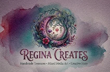 Handcrafted logo for Regina Creates featuring a decorative crescent moon, floral elements, and watercolor background with the text 'Regina Creates' and 'Handmade Treasures, Mixed Media Art, Creative Story'.