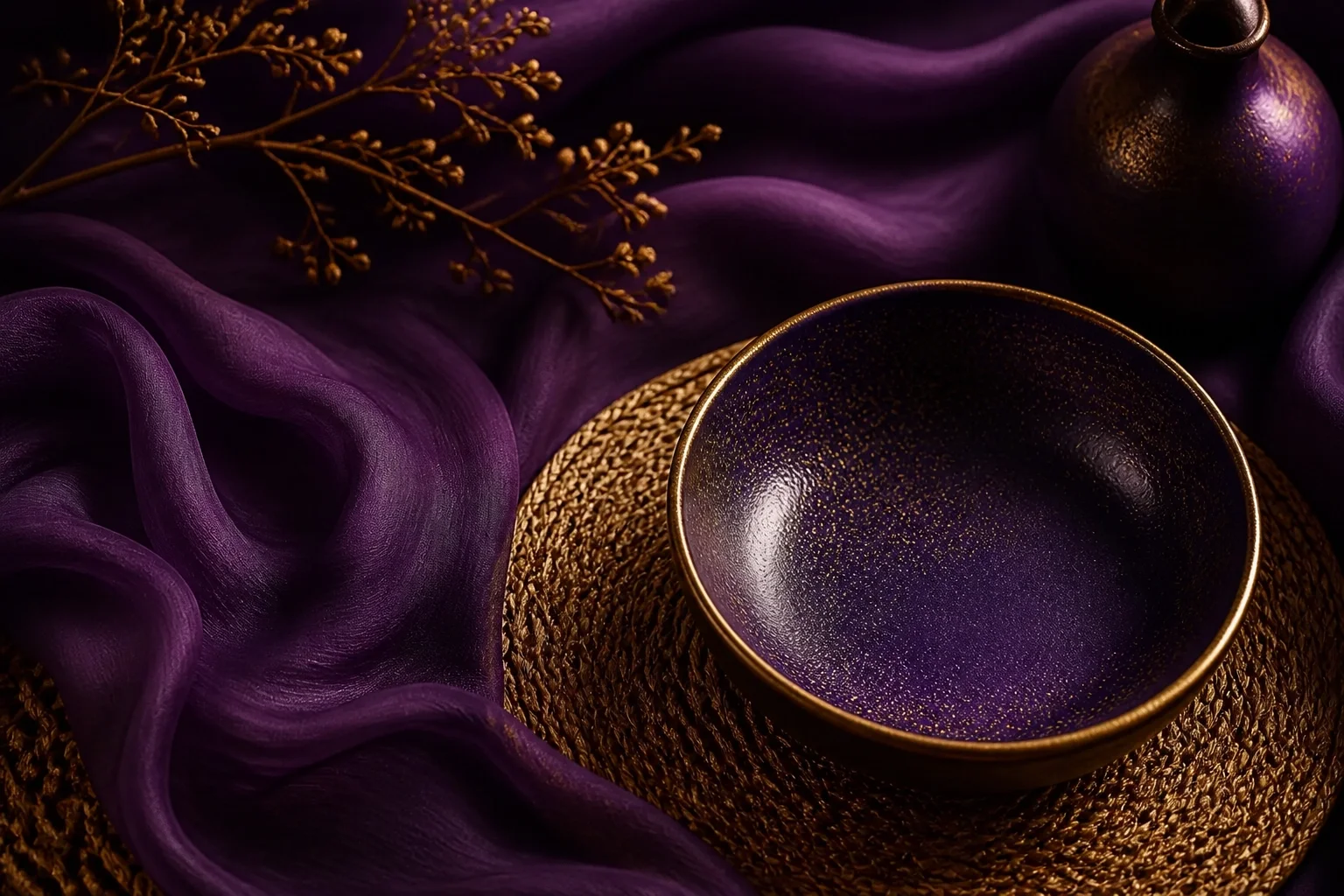 A mix of ceramic textures and woven silk in deep purple.