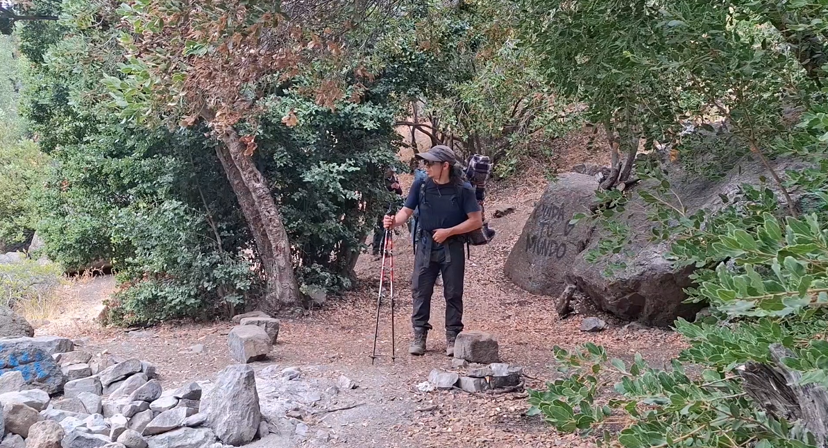 Una persona con ropa de senderismo, gorra y gafas, usando bastones de trekking, camina por un sendero rodeado de árboles y rocas.