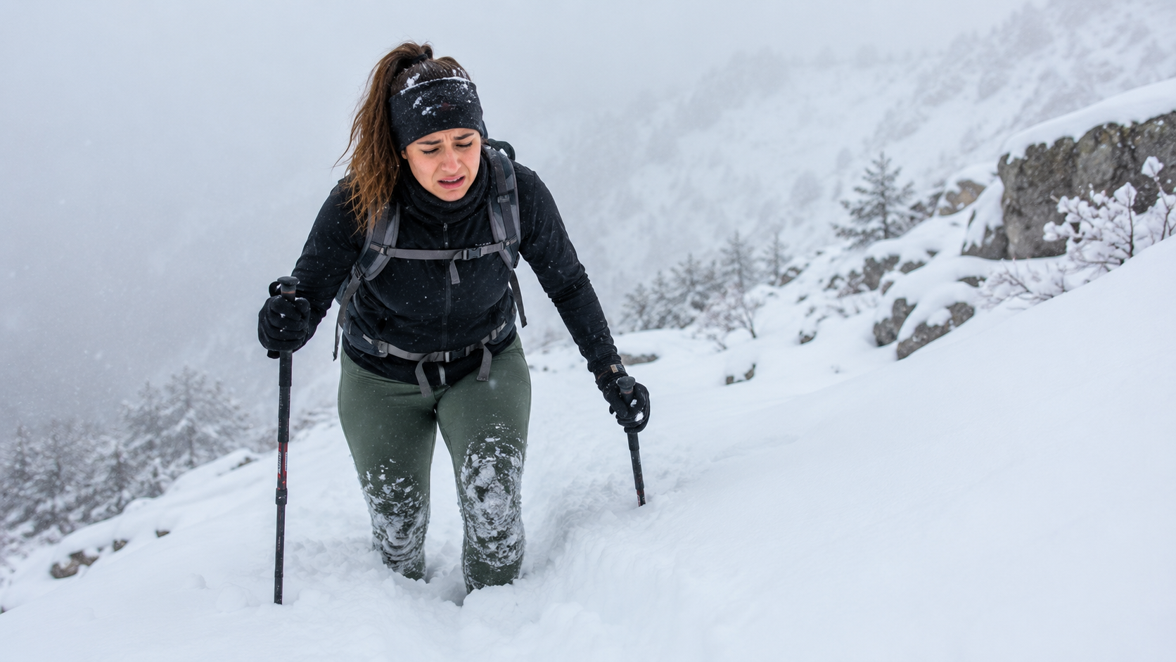 Mujer haciendo senderismo en la nieve con expresión de esfuerzo y cansancio.