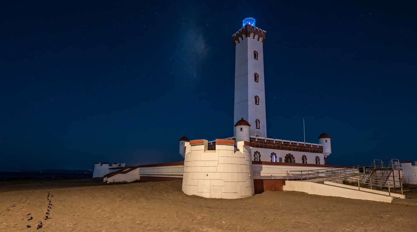 Faro en la playa durante la noche, con cielo estrellado y estructura blanca con detalles en rojo y una plataforma de ingreso con rampas.