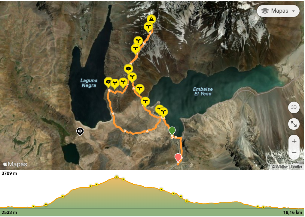 Mapa de una ruta de senderismo en cerca de un embalse llamado El Yeso y una laguna llamada Laguna Negra, con etapa de subida y bajada marcada, incluyendo un perfil de elevación de 3709 metros de altura y 18.16 kilómetros de distancia.