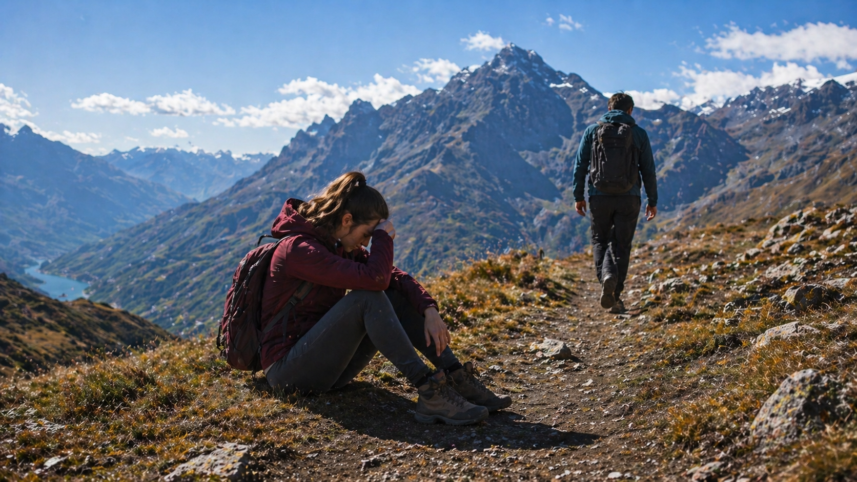 Una mujer sentada en el suelo con mochila, parece cansada, mientras un hombre camina por un sendero en montañas con nieve en la cima y un río a lo lejos, en un día soleado con cielo azul y nubes blancas.