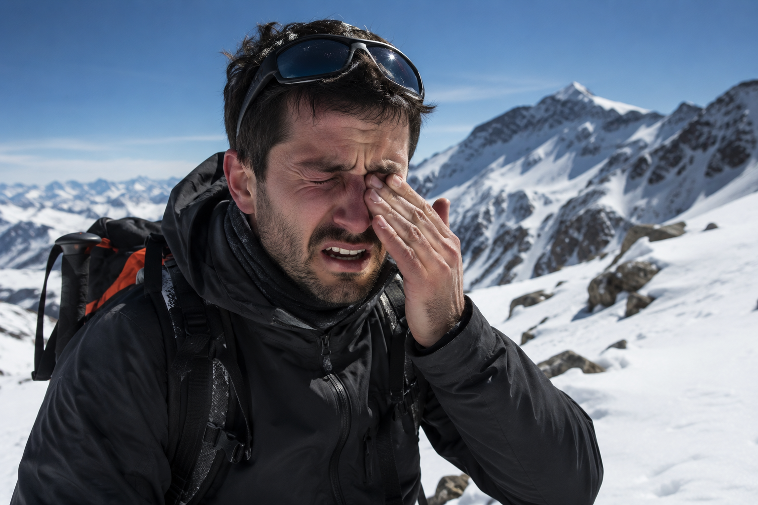 Hombre con gafas en la cabeza, vestimenta de abrigo, en una montaña nevada, tocándose los ojos con expresión de incomodidad o molestia.