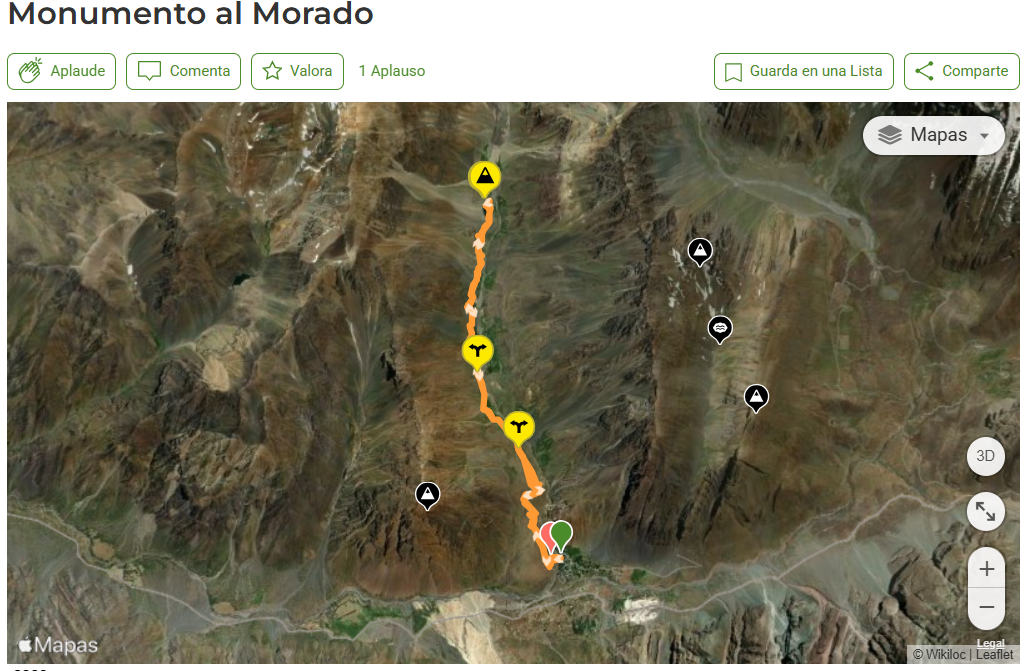 Mapa satelital del Monumento al Morado con ruta de senderismo marcada en naranja, puntos de interés y señalizaciones en amarillo y negro.