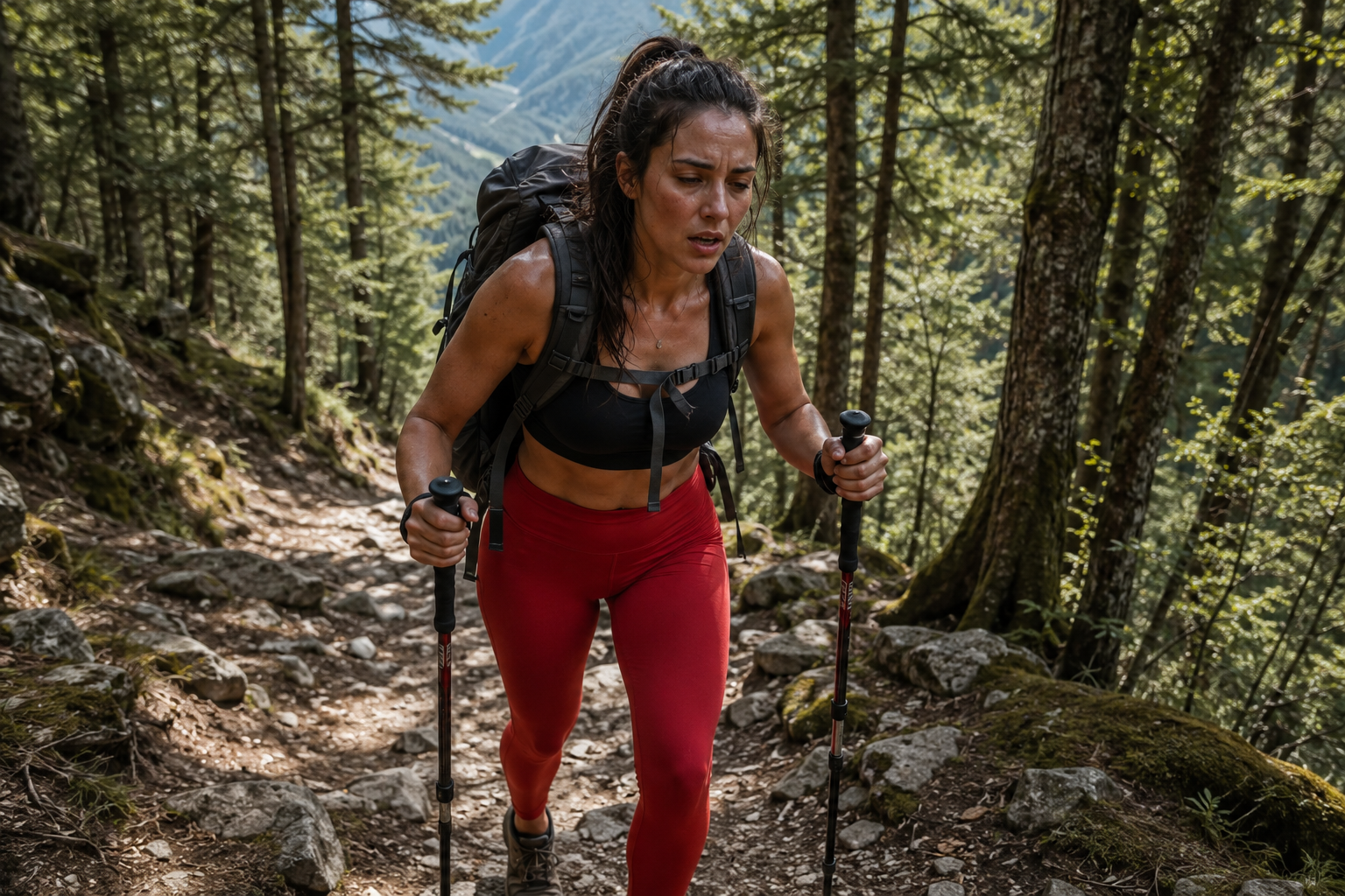 Mujer haciendo senderismo en un bosque montañoso con mochila y bastones, esforzándose en la caminata.