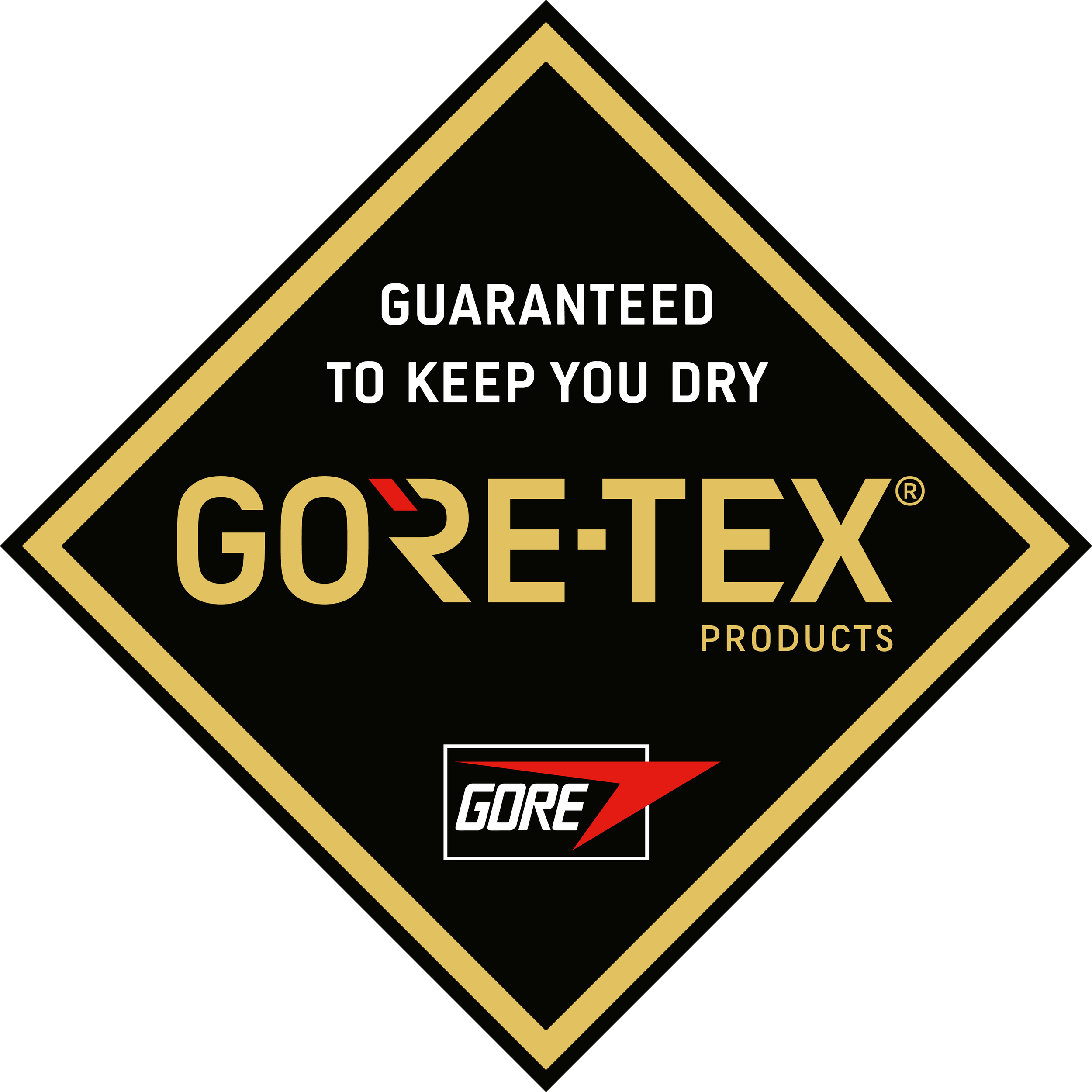 Etiqueta negra con borde dorado y texto en español: 'Garantizado para mantenerte seco', con logo y marca 'Goretex Productos'.