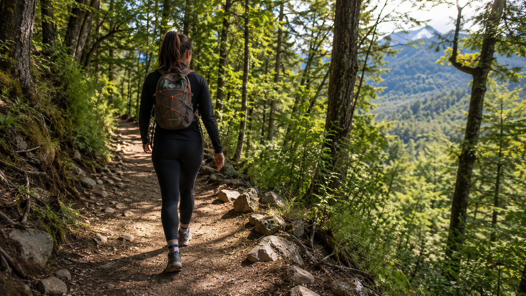 Mujer haciendo senderismo en un bosque con árboles y colinas verdes, lleva mochila, ropa deportiva y caminando en un sendero de tierra.