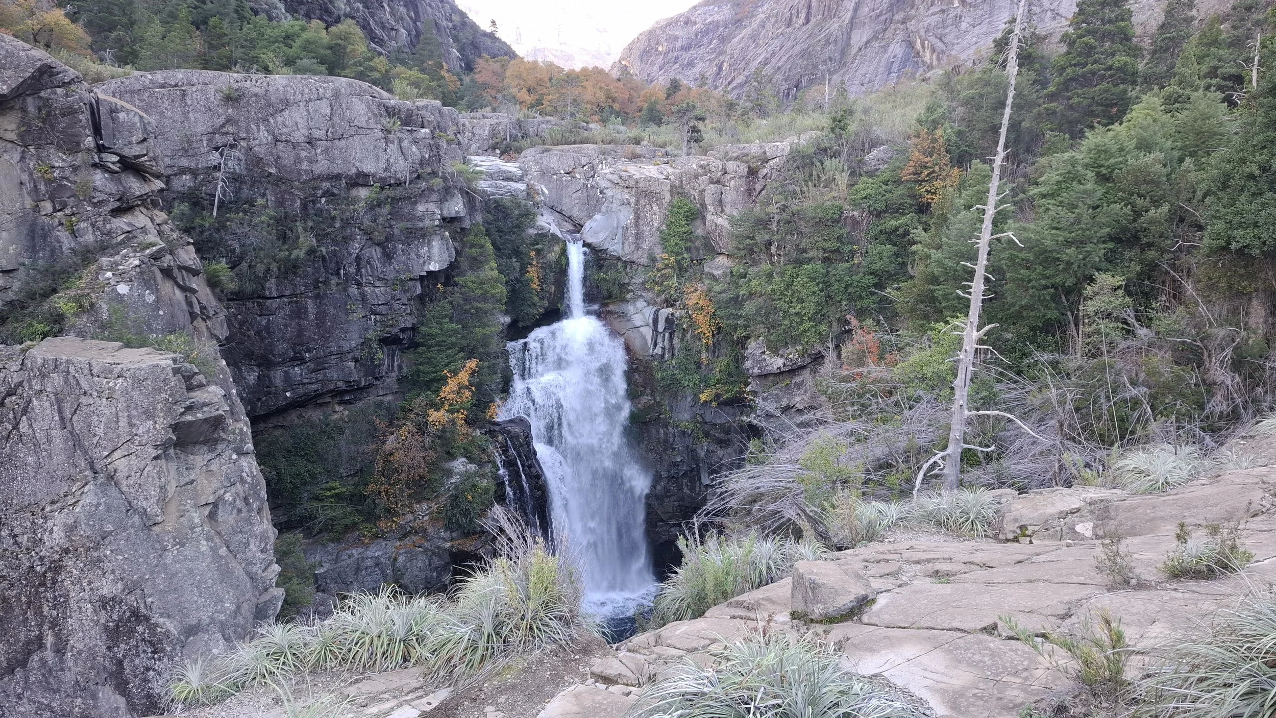 Una cascada que cae en un cañón rodeado de rocas y vegetación, con árboles en las colinas y un cielo despejado.