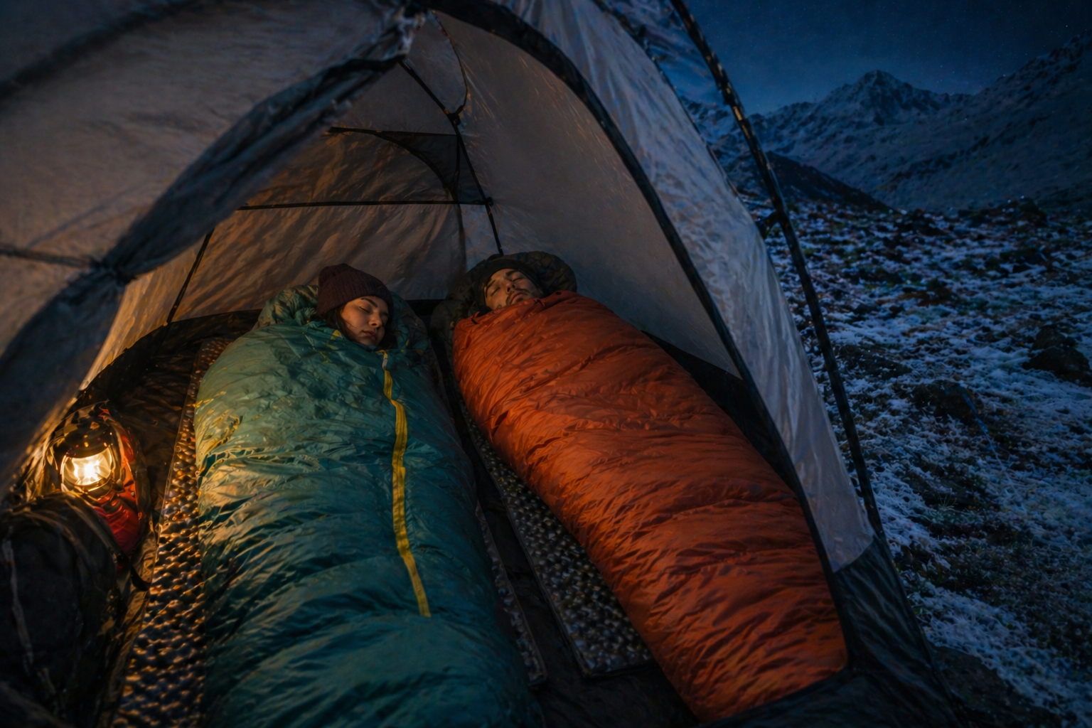 Dos personas durmiendo en una tienda de campaña en un entorno montañoso durante la noche, con un farol encendido cerca de ellos.