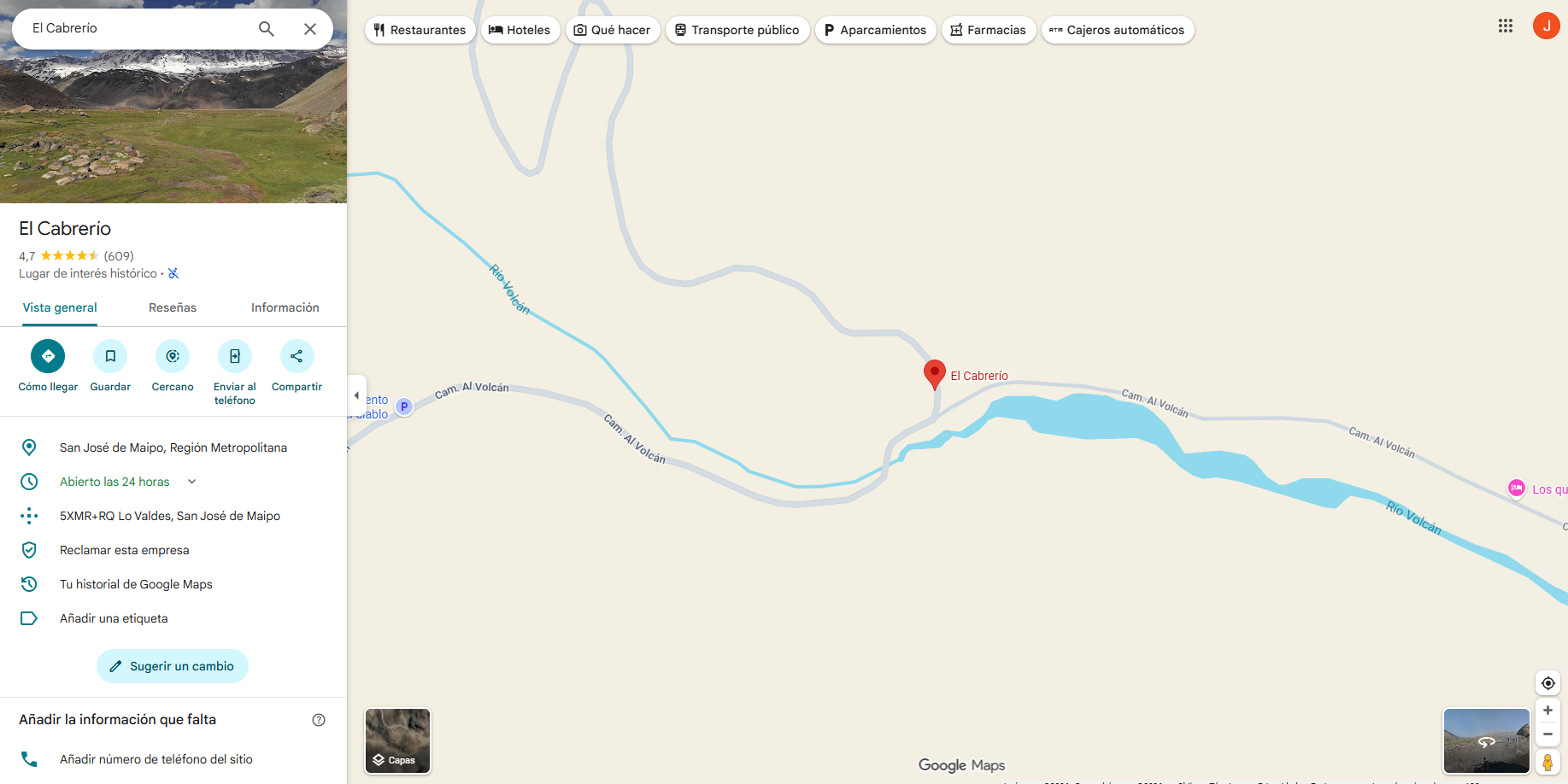 Imagen de un mapa que muestra la ubicación de El Cabrerío en San José de Maipo, Región Metropolitana, con caminos cercanos y un río llamado Río Volcán.