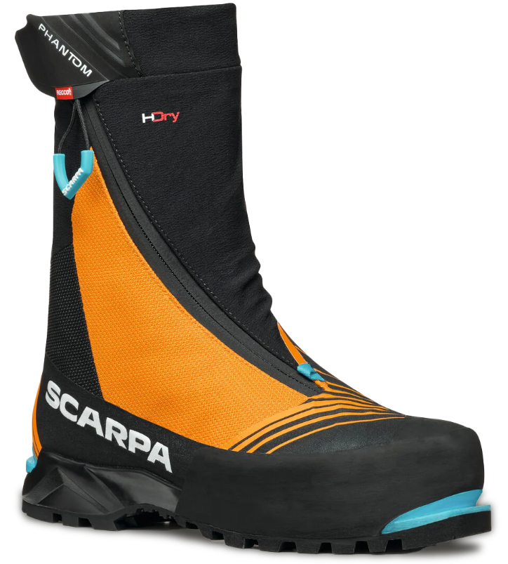 Bota de escalada con diseño en negro y naranja, con detalles en azul y marcas 'SCARPA' y 'HDry'.