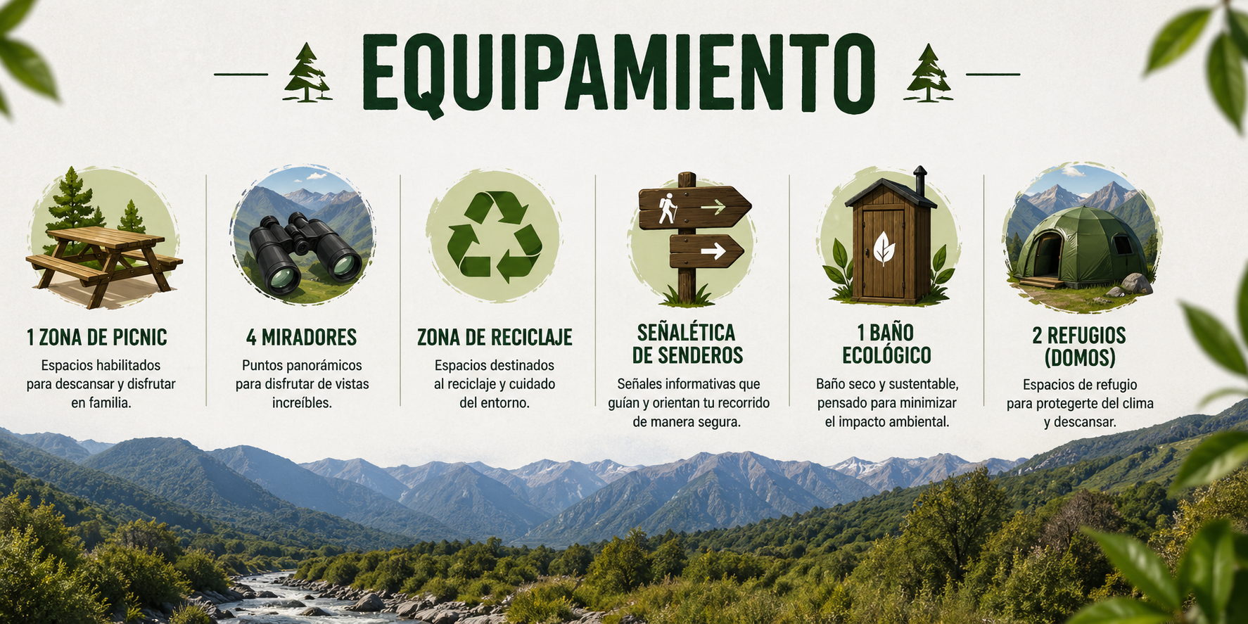 Cartel informativo del equipo de un camping o parque natural que muestra iconos y texto en español con información sobre las áreas y servicios disponibles, incluyendo zona de picnic, miradores, reciclaje, señalización, baños ecológicos y refugios.
