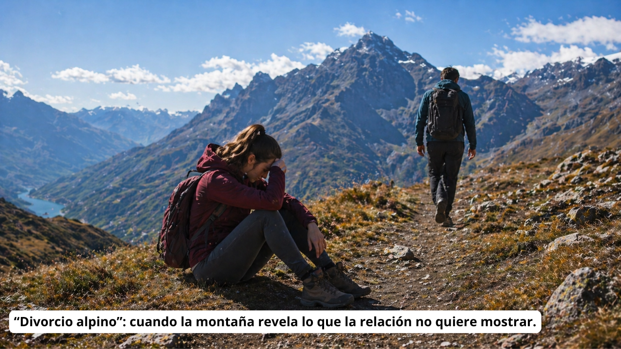 Una mujer sentada en el suelo de una montaña, con una expresión de tristeza, mientras un hombre camina alejándose en un sendero montañoso con un paisaje de picos y valle al fondo.