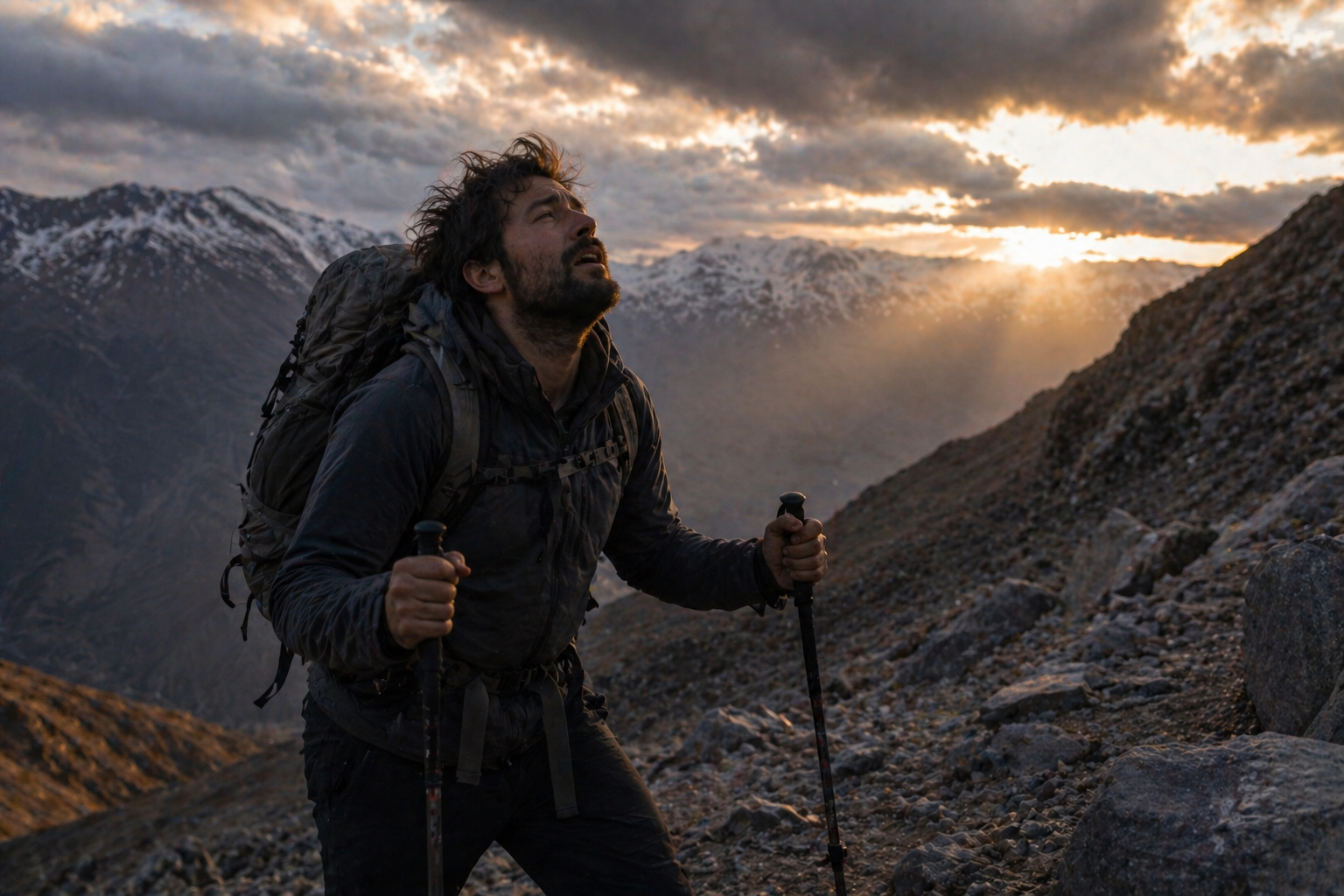 Hombre haciendo senderismo en una montaña durante el atardecer, con nubes y picos nevados en el fondo.
