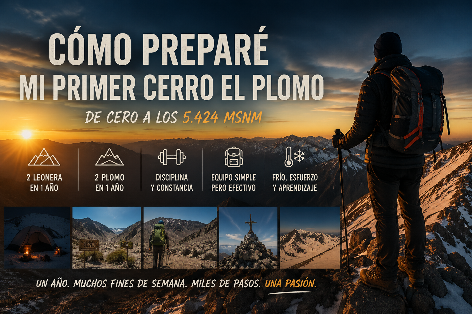 Un hombre aventurero con mochila, de espaldas, observando un atardecer en montañas nevadas, caminando en una cumbre.