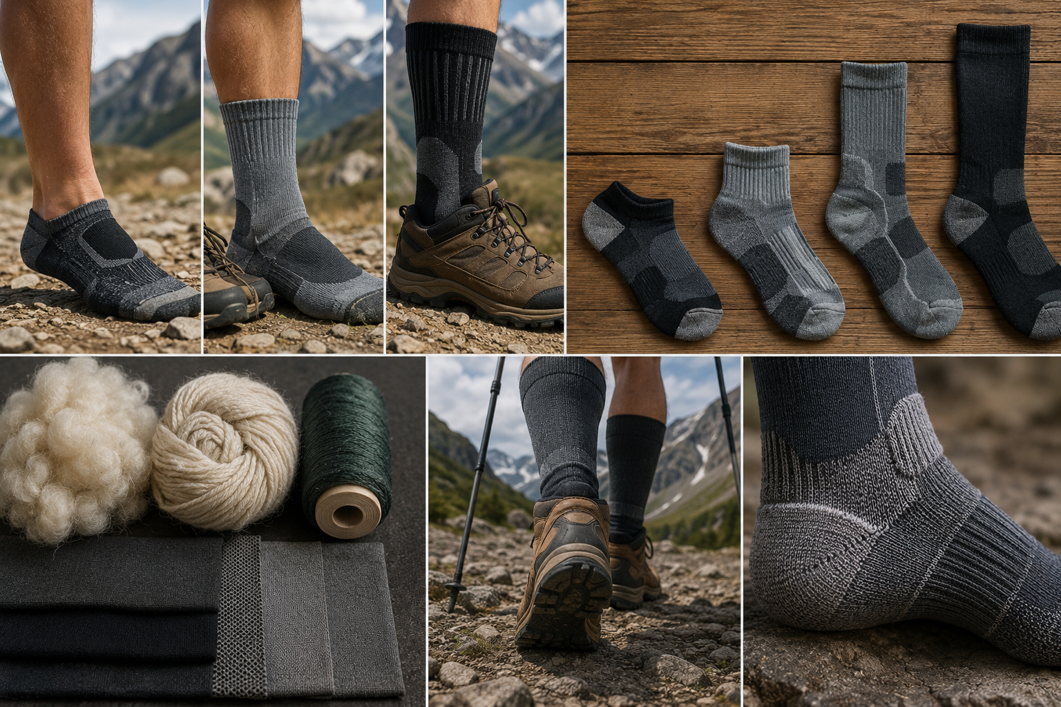Conjunto de ropa y accesorios para senderismo, incluyendo calcetines de diferentes estilos, ovillos de lana, hilos, prendas de ropa de tejido, y botas en un entorno montañoso.