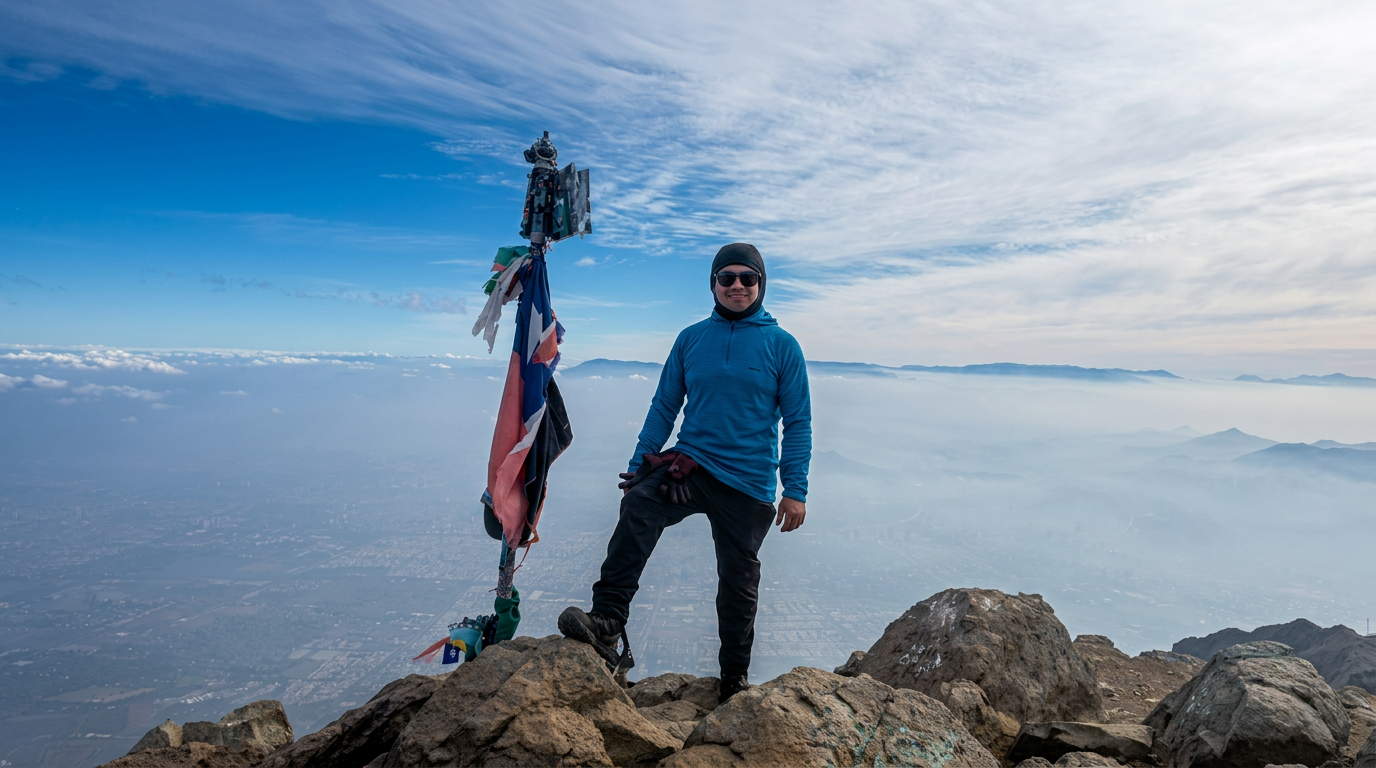 Persona en la cima de una montaña con un cielo despejado y nubes en el horizonte, junto a una bandera decorada con telas y objetos