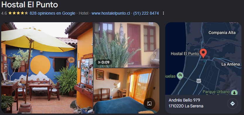 Imágenes del hostal El Punto, que muestra un patio con una sombrilla amarilla, plantas verdes, una fachada colorida, una habitación interior con cortinas naranjas y una vista de un mapa local con la ubicación en La Serena.