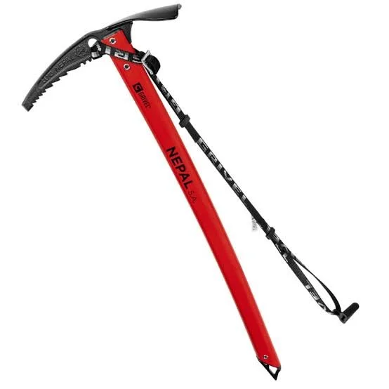Hacha de escalada con cable de seguridad, marca Nepal, color rojo y negro.
