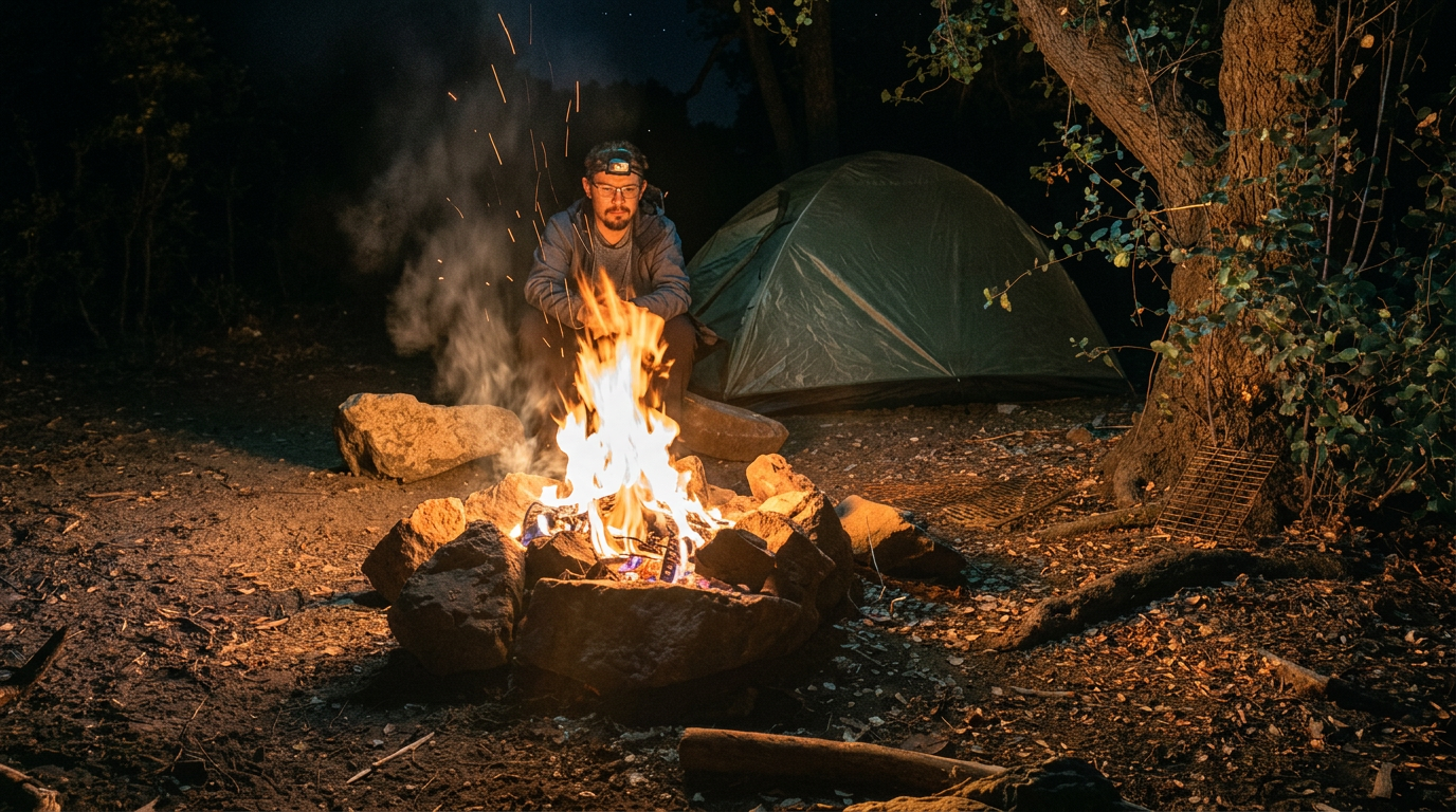 Hombre en campamento junto a una fogata, con tienda de campaña y árboles al fondo, durante la noche.