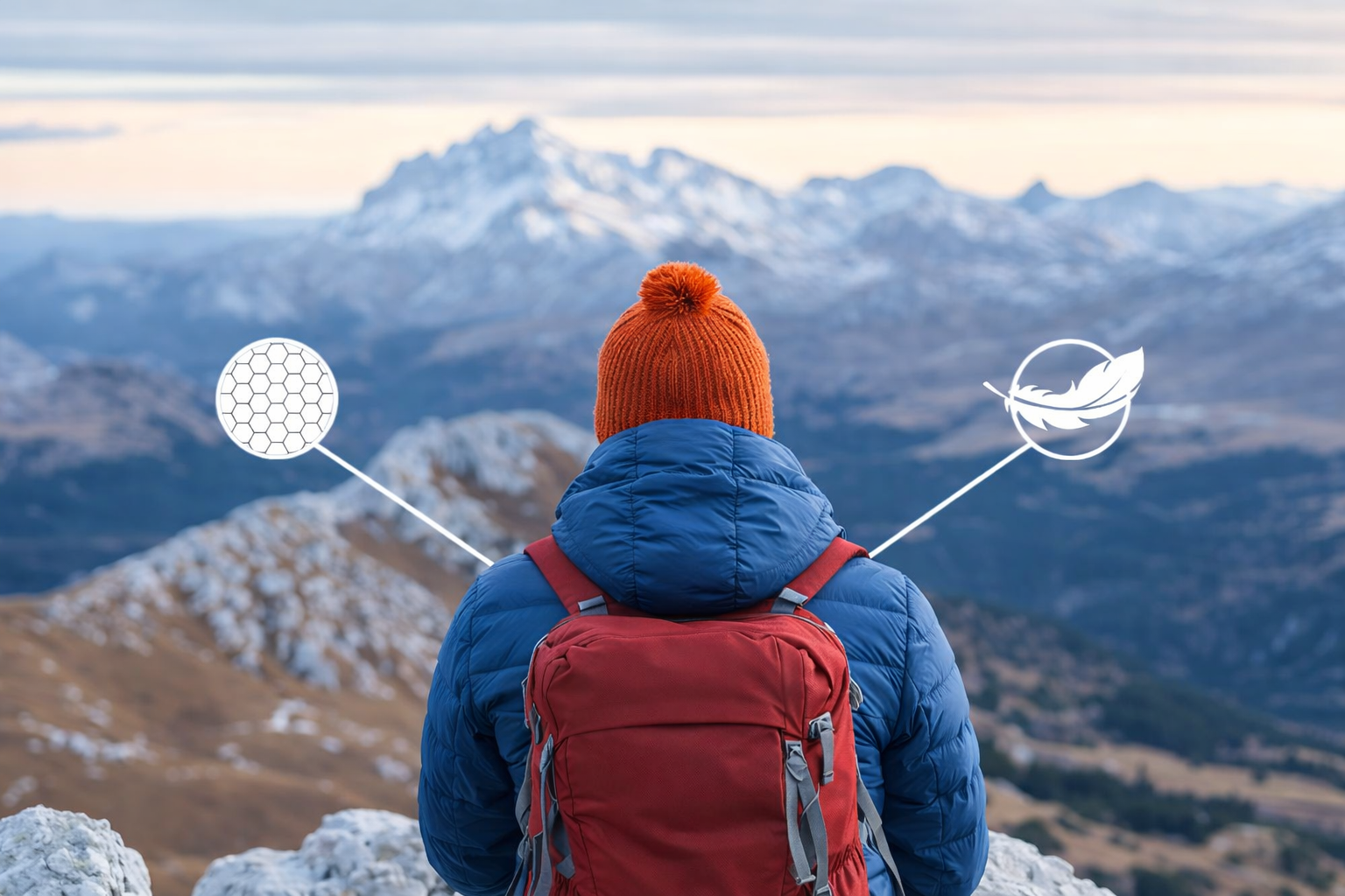 Persona con chaqueta azul y gorro naranja observando montañas con nieve y valle, imágenes de elementos relacionados con la naturaleza y hiking.