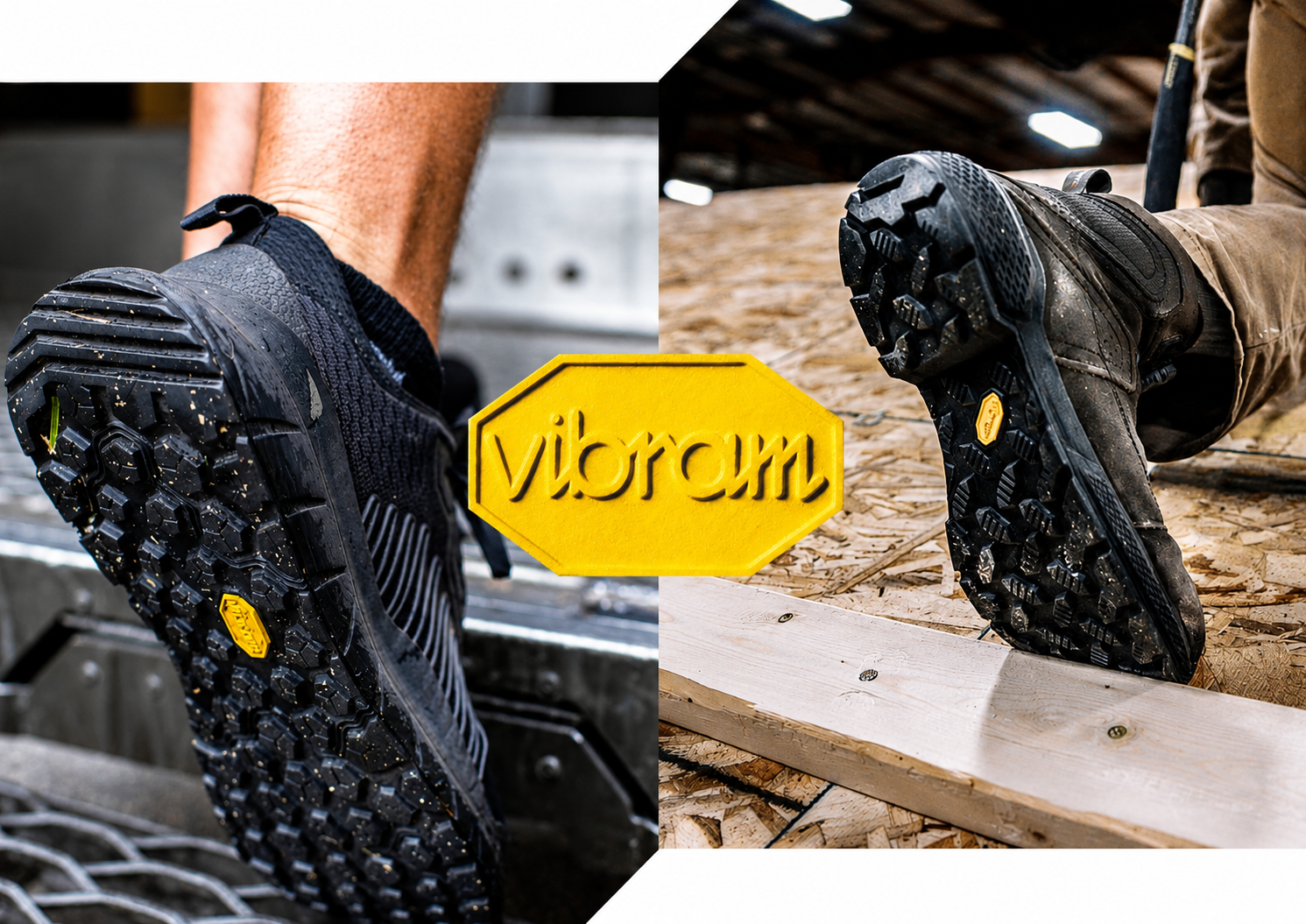 Zapatos de senderismo con suela de tracción fuerte en diferentes terrenos, uno en superficies de concreto y el otro en madera, con marca Victorim en el centro.