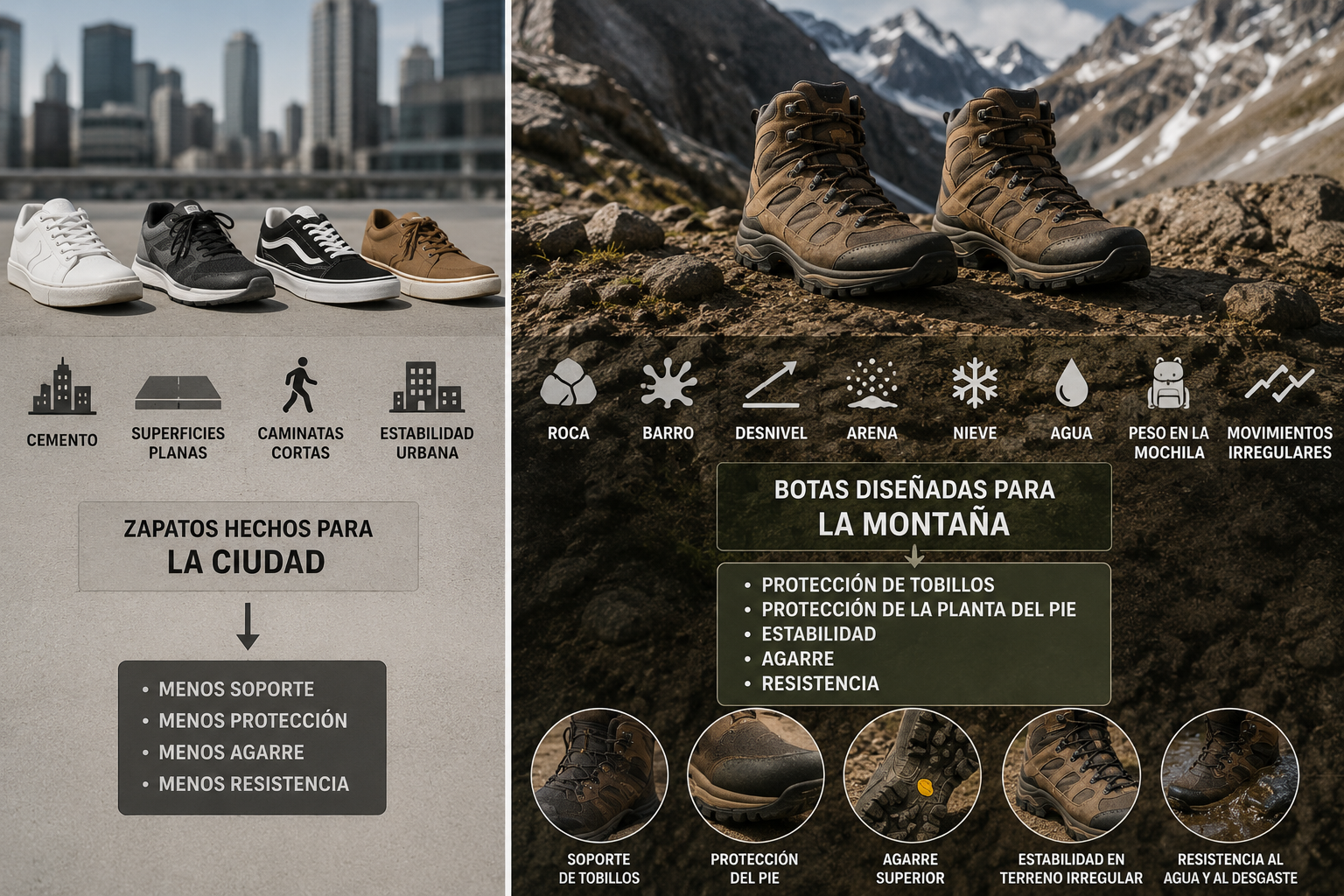 Comparación entre zapatos hechos para la ciudad y botas diseñadas para la montaña, mostrando características y beneficios de cada uno.