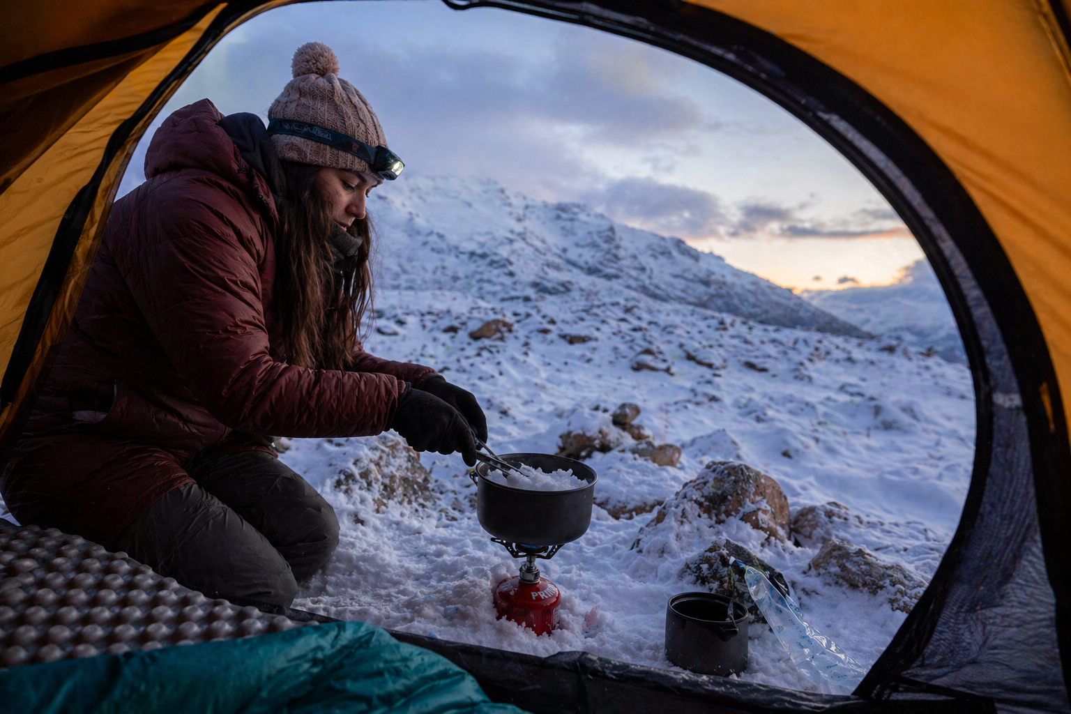 Mujer acampando en la nieve preparando comida en una olla con una estufa de camping, vista desde dentro de una tienda de campaña en un paisaje montañoso con cielo nublado