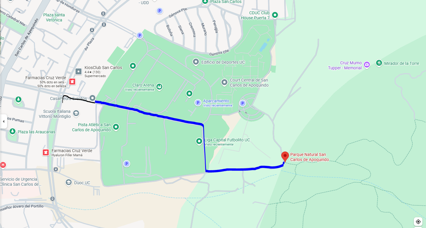 Mapa mostrando una ruta azul desde Casa Pedra Eventos hasta el Parque Natural San Carlos de Apoquindo en Santiago, Chile.