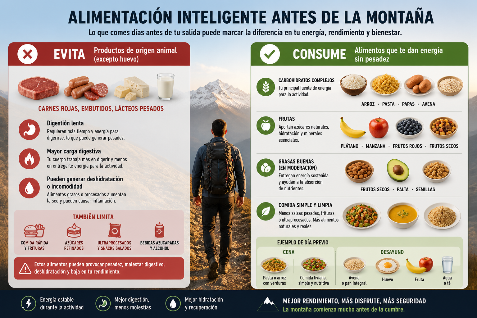 Infografía con recomendaciones de alimentación inteligente antes de una caminata en la montaña, destacando alimentos que se deben evitar como carnes rojas, embutidos y lácteos pesados, y alimentos recomendados como carbohidratos complejos, frutas y grasas en moderación.
