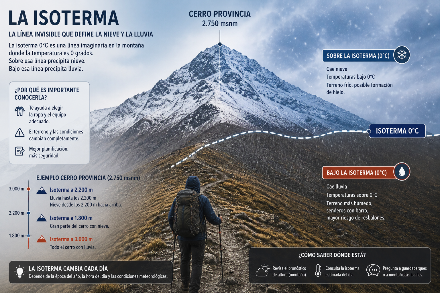 Diagrama informativo sobre la isoterma en una montaña, mostrando las diferentes alturas y sus condiciones climáticas, con ejemplos y consejos para montañistas.