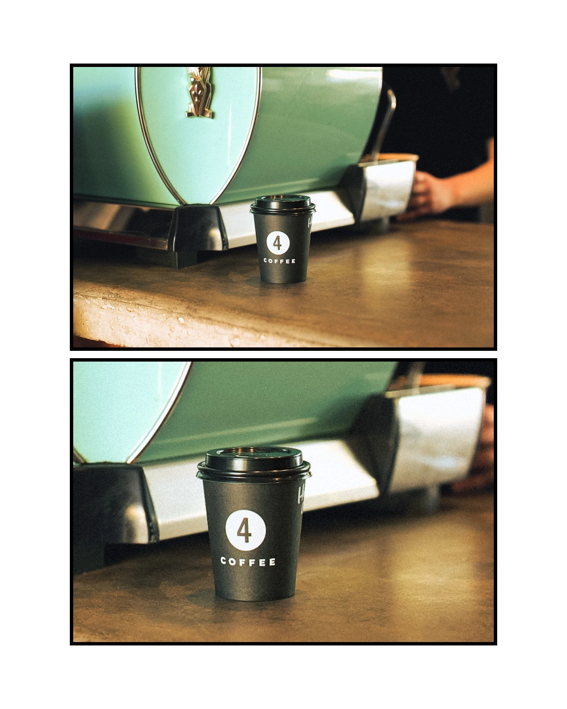 Two images showing a black coffee cup with the number 4 and the word 'coffee' printed on it, placed on a counter in front of a vintage-style green coffee machine.
