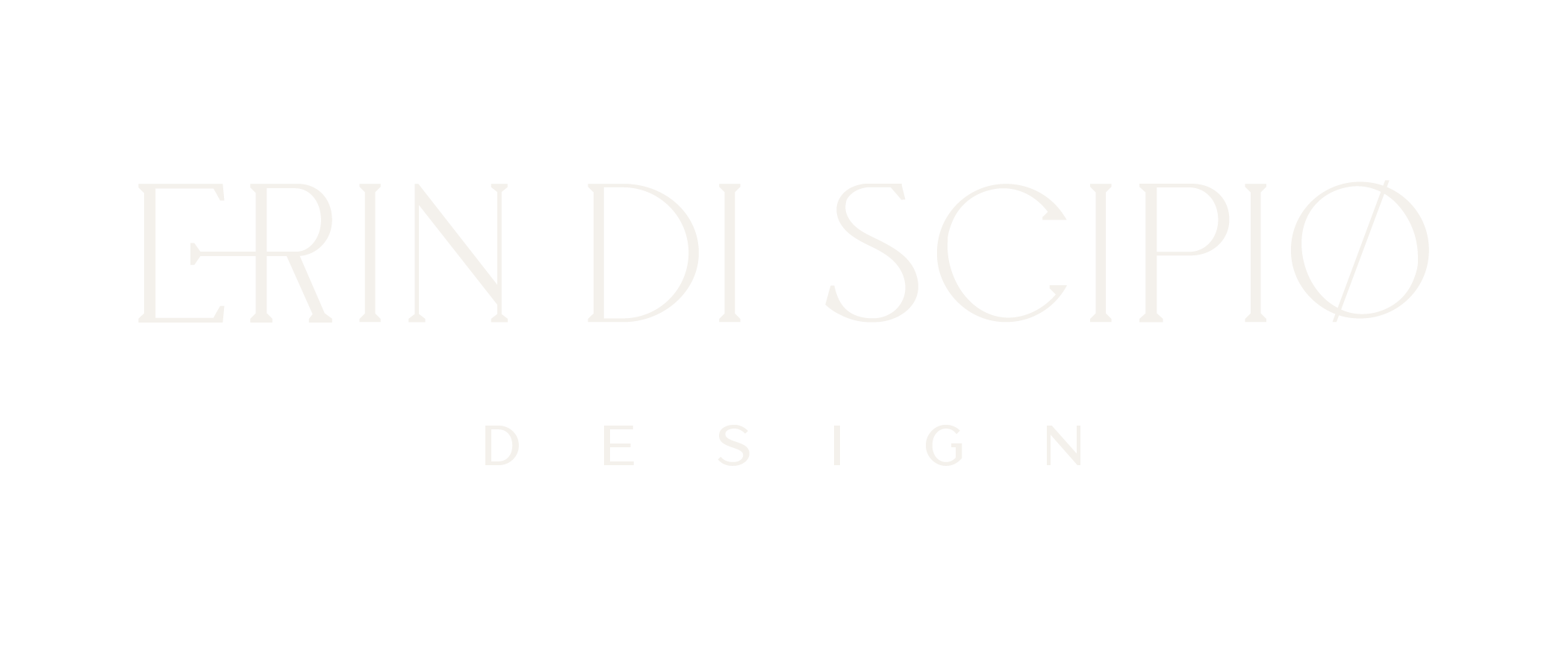 The page opens with an image of a luxury rustic kitchen with blue cabinetry, natural rock backsplash and gunmetal range hood . It's overlain with transparent gold color and a white logo that reads 'Erin di Scipio' and 'Design' in smaller font below.